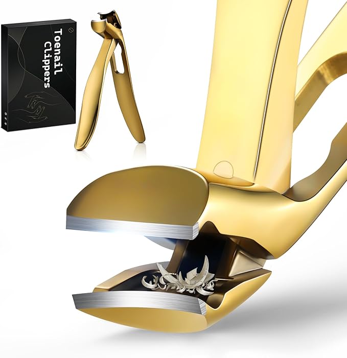 FERYES Angled Head Long Handled Toenail Clipper for Seniors - Large Wide Jaw Nail Clipper with Catcher for Thick Nails - Easier Trimming, Ergonomic Design (Gold
