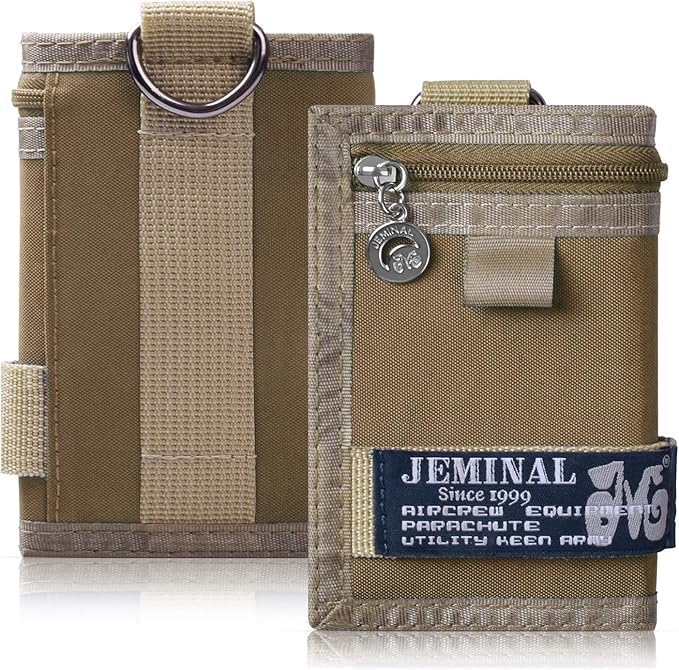 JEMINAL Trifold Canvas Wallet for Men Outdoor Sports Wallet with Keychain, Multiple Card Slots, ID Window, Lightweight Nylon Casual Wallet, Khaki