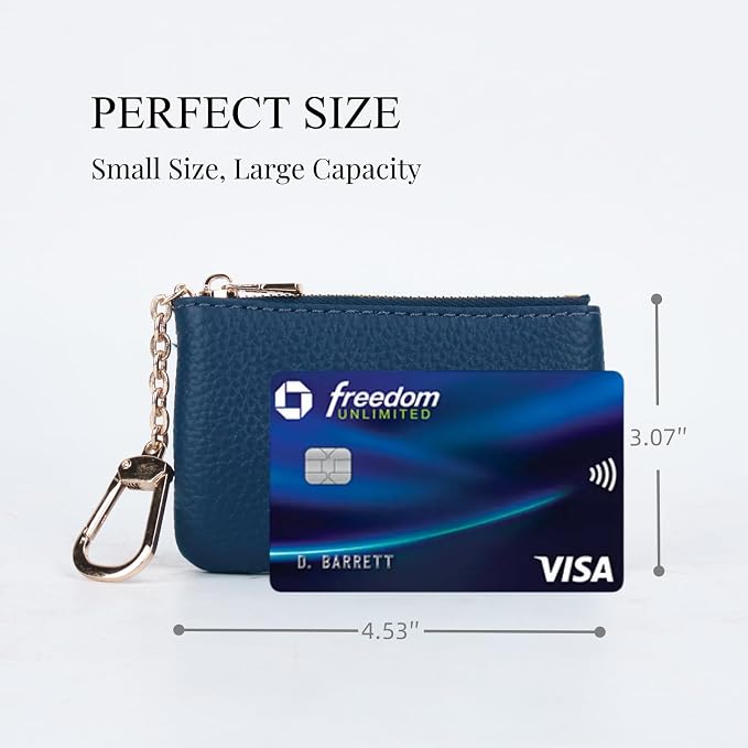 Full Grain Leather Coin Purse with Key Chain - Small Change Purse Keychain Card Holder Keychain Pouch Small Keychain Wallet for Women and Men (Navy Blue), LA-2312