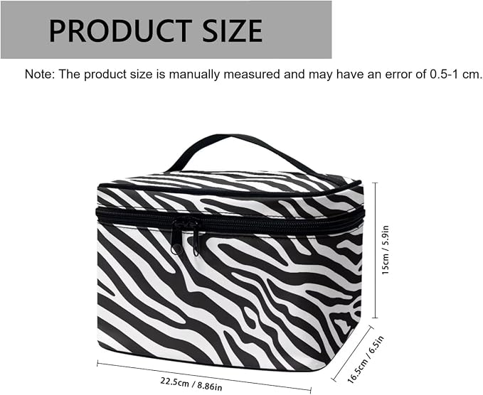 Zebra Stripes Women Large Cosmetic Bag Travel Makeup Bag Handle, Black White Animal Skin Texture Portable Toiletries Bag Brush Bags for Traveling