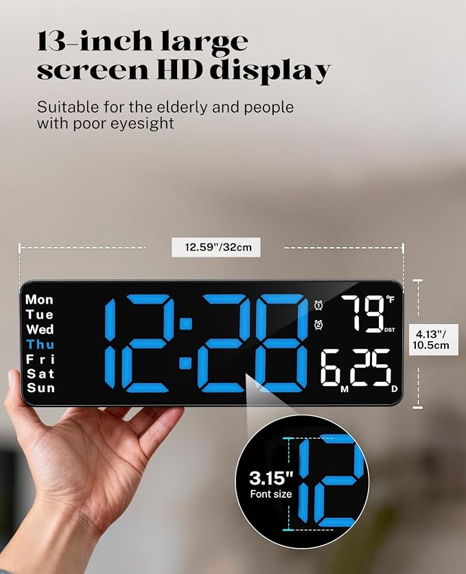 Digital Clock Large Display, 13" Large Wall Clock for Classroom | Big Led Wall Clocks with Remote Control,Date,Week,Alarm,Temp&DST for Bedroom,Living Room,Gym,Office,Garage