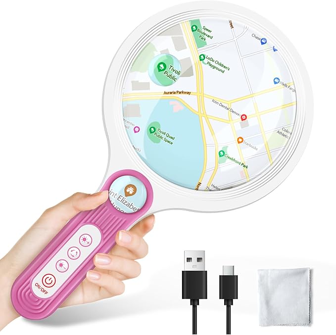 Rechargeable Large 5.2'' Magnifying Glass with Light, 10X 20X 45X Handheld Magnifying Glasses for Reading, 3 Lighted Modes Non-Slip Handle Magnifier for Seniors Close Work Coins Jewelry Hobby