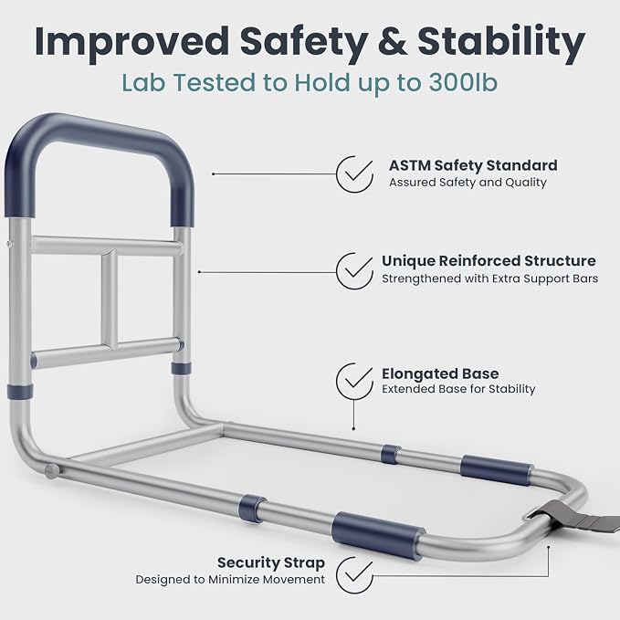 PELEGON Bed Rails for Elderly Adults Safety, ASTM Compliant, Adjustable Bed Rail with Non-Slip Ergonomic Handle and Storage Pockets, Bed Railings for Seniors Supports up to 300 lb, Tool-Free Assembly