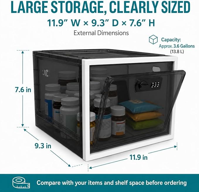 2 Pack Large Medication Lock Box with Code, Clear Lockable Storage Box for Refrigerator, Cabinet & Dorm, Stackable Medicine Box for Prescriptions, Snacks, Phone, 11.9" x 9.3" x 7.6", Black