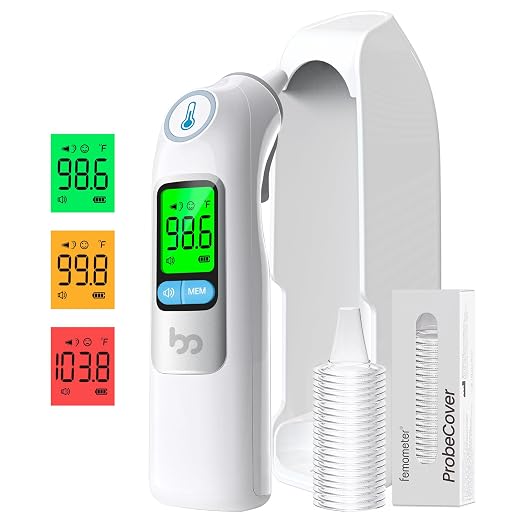femometer Infrared Ear Thermometer for Adults & Kids, with Storage Case | Highly Accurate, 1s Fast Reading, 30 Memory Recall, 3-Color Fever Alarm, with 21 Disposable Probe Covers & Storage Case