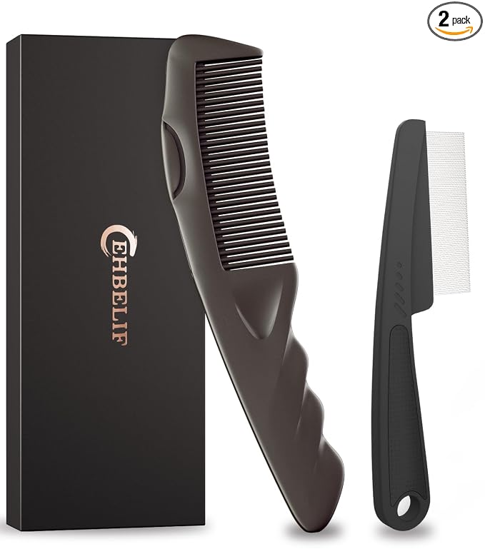 Dandruff Comb Removal 2PC Hollow Fine Tooth Scalp Detox Hair Care Tool | Upgraded Stainless Steel Teeth, with Gift Box, Build up Flake, Self Cleaning, Button-Release Design, for Women Men Kid, Brown