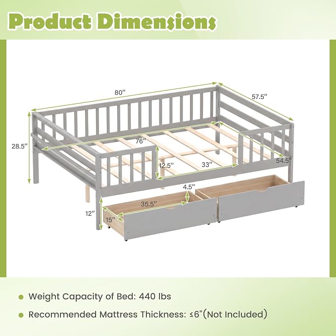 Giantex Full Kids Bed with Storage Drawers, Wood Montessori Bed with Rails & Side Shelf, Low Daybed Bed Frame for Boys Girls, No Box Spring Needed (Grey)
