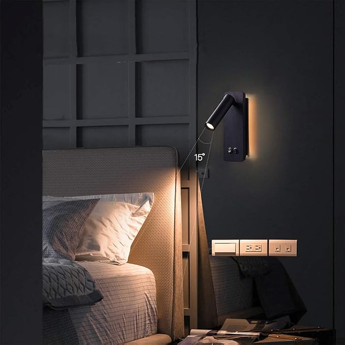 LED Reading Wall Lights for Bedroom, Backlight Night Wall Lamp, Plug in Cord Adjustable Wall Sconces, Book Reading Lamps, Backlight 3W+12W 3000k Warm Wall Light (Black)