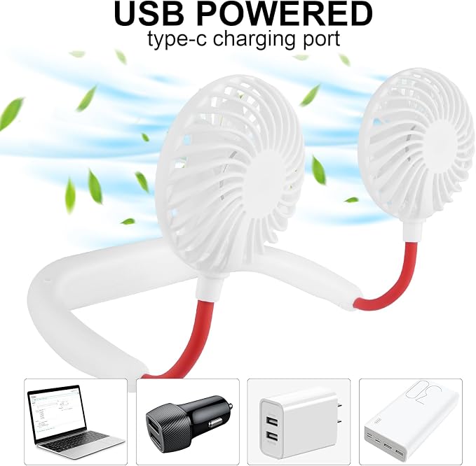 Haomaomao Portable Neck Fan 2500 mAh Rechargeable USB Hands-Free Mini Face Cooling Personal Double Headed Rotatable Small Fan for Working Office Reading Traveling Outdoor Sport