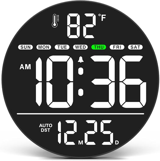 WallarGe Large Digital Wall Clock with LED Display, Electric Wall Clock with Temperature, Auto DST, Date, and Day, 5-Level Brightness for Office, Bedroom, Living Room, Classroom Décor