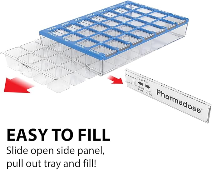 EZY DOSE Pill Organizer Weekly (7-Day), Medicine Planner, Vitamin Box, Small Compartments with Easy Fill Tray Case, 4 Times a Day, Easy to Use Containers, Clear Lids, Blue, BPA Free