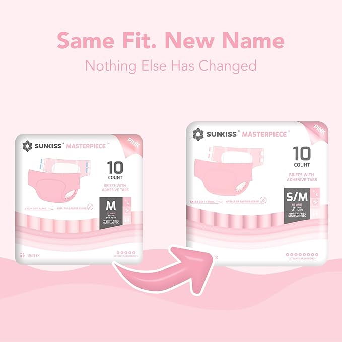 SUNKISS Masterpiece Adult Diapers with Tabs, Unisex Disposable Incontinence Briefs for Women and Men, Odor Control, Pink, Small/Medium, Previously Medium,10 Count