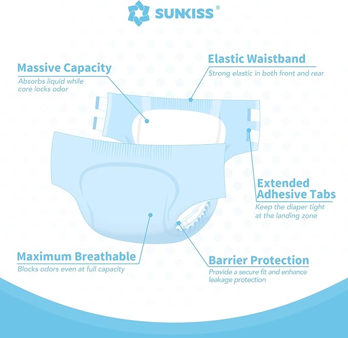 SUNKISS Masterpiece Adult Diapers with Tabs, Unisex Disposable Incontinence Briefs for Women and Men, Odor Control, Blue, L/XL, 40 Count
