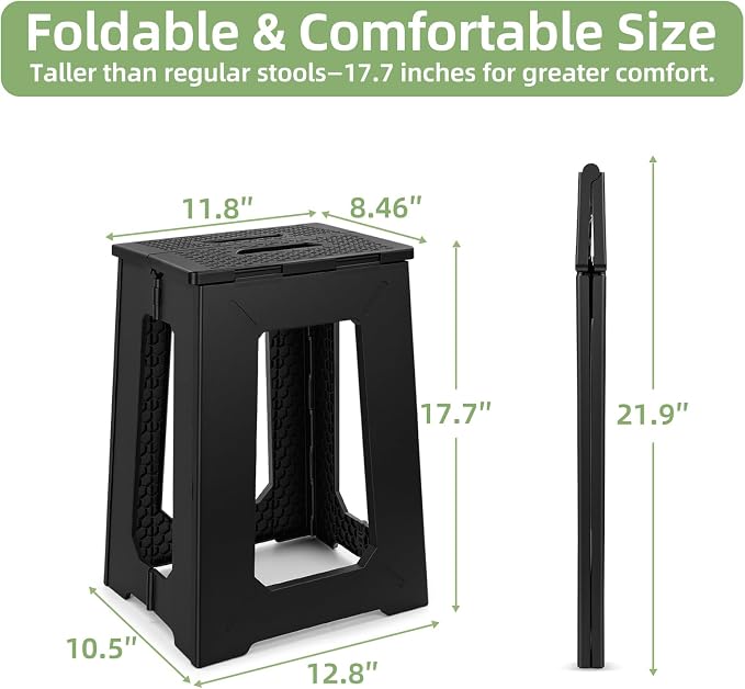neotidy Foldable Stool Chair, 17.7” Tall Folding Seat for Adults up to 400 lb, Heavy-Duty Plastic Foldable Stool for Sitting, Portable Compact Folding Chair for Home Outdoor Camping, Black
