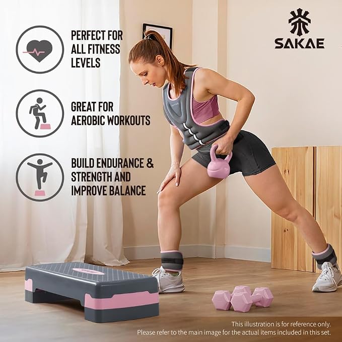 Adjustable Height Aerobic Stepper Set, Multiple Bundle Options with Dumbbells, Kettlebell, Waist Trimmer, Ankle Weights or Weighted Vest, Workout Exercise Step Platform w/Level Risers, 4 Colors