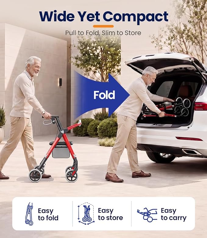 VOCIC Z11 Rollator Walkers for Seniors with Seat, 500 LBS Load, Ultra Wide | High-capacity support, 23" wide frame, ergonomic seat, dual brakes, and slim fold for home, shopping & daily walks, Red