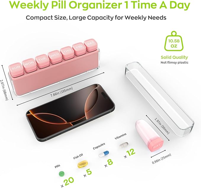 Weekly Pill Organizer 1 Time a Day, HIONXMGA Detachable Travel Pill Box 7 Day, Large Medicine Pill Case Container for Daily Medication Vitamin Supplement Fish Oil, Portable Week Pills Holder, Pink