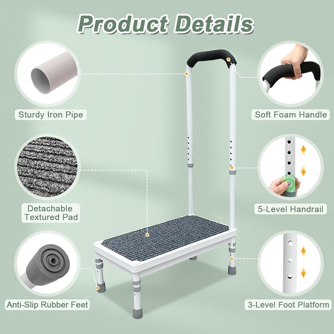 Medical Step Stool with Handle Elderly Adults Bed Steps for High Beds Rails Adjustable Assist Bar Heavy Duty Stepping Stool Metal Wide Step Platform Seniors Handicap Bed Side Foot Stool with Handrail