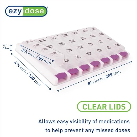 EZY DOSE Weekly (7 Day) 4 Times a Day Push Button Pill Organizer and Vitamin Planner, Removable Daily Pillboxes, Purple, Clear Lids, Small