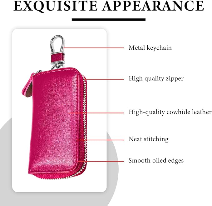 Leather Car Key Holder Bag, Unisex Key Fob Case with 6 Hooks, Zipper Closure Keychian Case Wallet for Smart Keys (Rose Red)