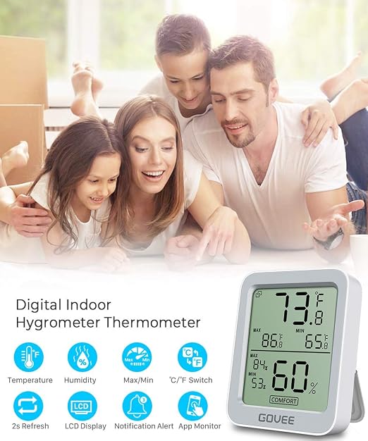 Govee Indoor Hygrometer Thermometer H5075 with Bluetooth App Control | Room Temperature Humidity Meter, 164ft Remote Monitor, Smart Alerts, 2 Years Data Storage Export, for Bedroom Wine Cellar