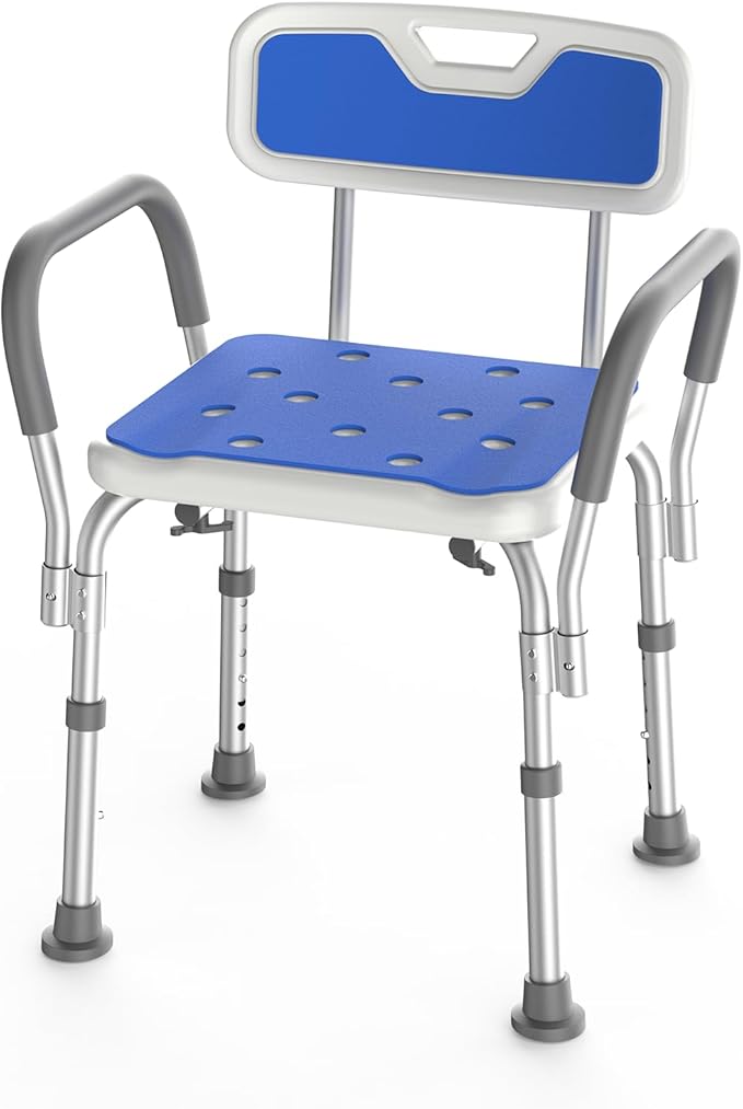 Shower Chair with Arms for Tub,Sturdy Aluminum Alloy Bath Chair,Slip Resistant Shower Bench,Height-Adjustable Shower Seat with Padded Handles for Seniors