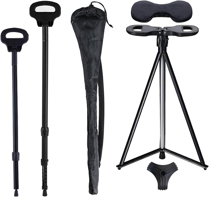 Cane with Seat Foldable Chair Cane,Walking Stick Cane, Folding Walking Cane for Men & Women with Travel Bag and 2 Base Canes and Cushion for Outdoor Hiking