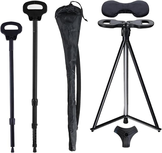 Cane with Seat Foldable Chair Cane,Walking Stick Cane, Folding Walking Cane for Men & Women with Travel Bag and 2 Base Canes and Cushion for Outdoor Hiking