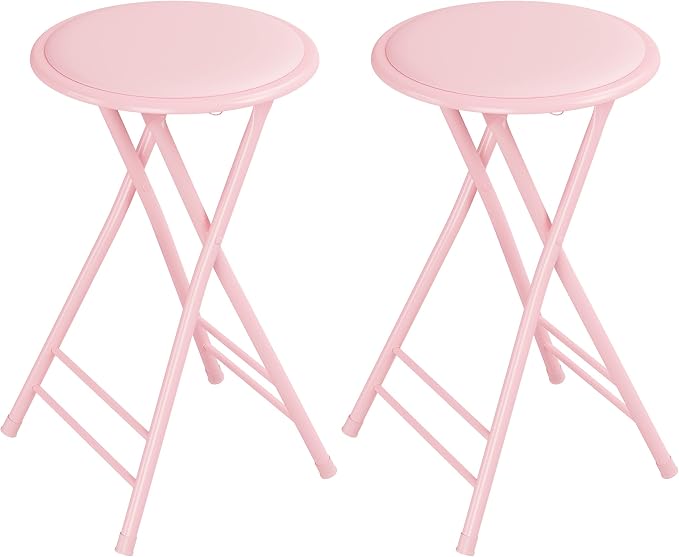 Lavish Home Folding Stool with Padded Backless Seat Set of 2, Pink, 24” | Counter Height Bar Stools with 225lb Capacity, Portable Indoor & Outdoor, Extra Seat for Kitchen, Rec Room or Camping