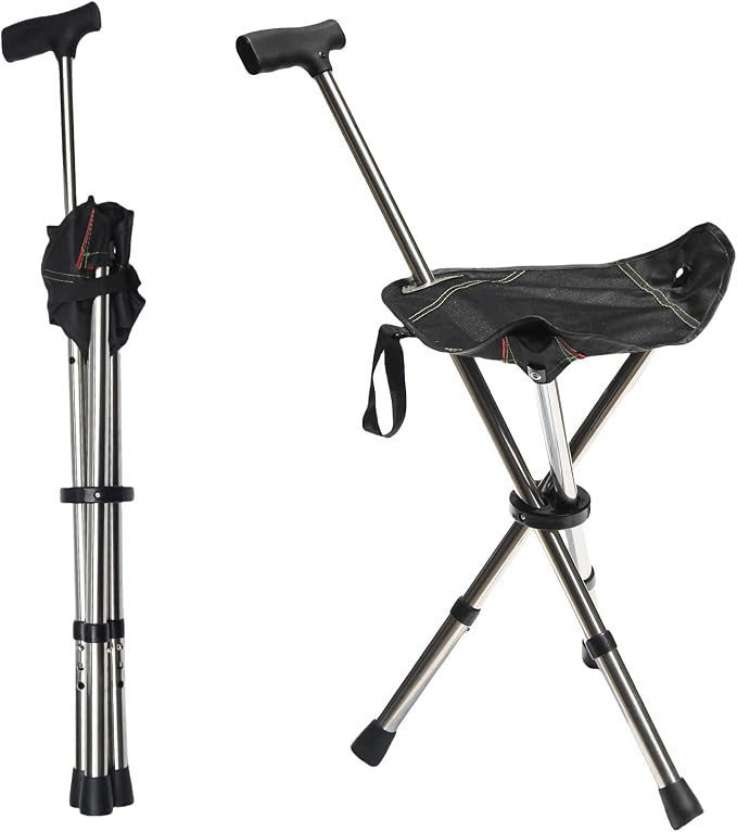 FATTCHIAR Cane with Seat, Cane Chair Capacity 330lbs, Adjustable Height Folding Lightweight Walking Stick with Seats, Portable Stool for Adults Seniors Hiking Camping