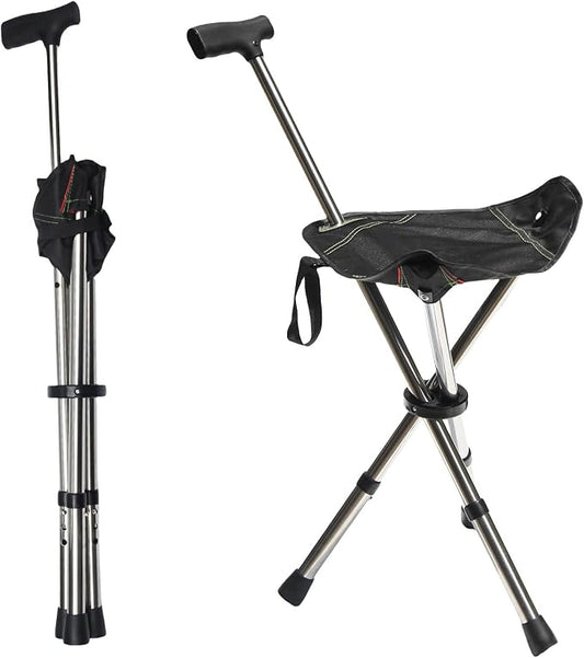 FATTCHIAR Cane with Seat, Cane Chair Capacity 330lbs, Adjustable Height Folding Lightweight Walking Stick with Seats, Portable Stool for Adults Seniors Hiking Camping