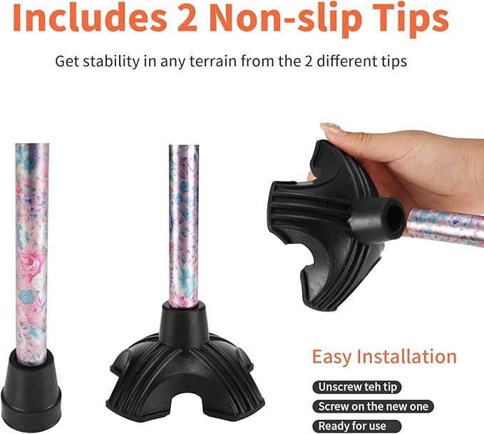 Floral Canes for Women Folding Cane for Stability with Non-Slip Base, Adjustable Walking Cane for Seniors - Lightweight Collapsible Walking Sticks with T & Offset Handle