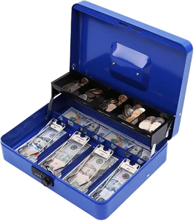 xydled Metal Cash Box, Cash Box with Money Tray and Combination Lock, Storage Box, Blue,4 Bill / 5 Coin Slots,11.8" x 9.5" x 3.5",Blue