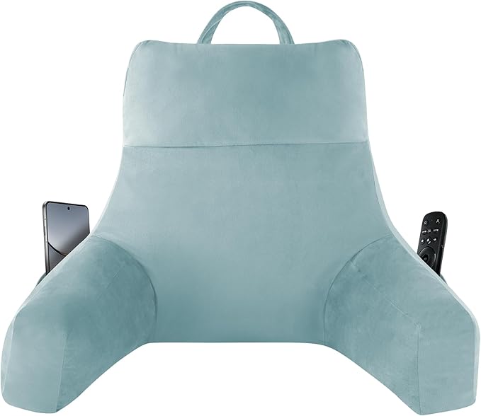 Reading Pillow with Arms For Adult, Back Pillow for Bed Sitting Up, Shredded Memory Foam Backrest Pillow with Pockets & Removable Washable Cover, Lounging, Watching TV, Reading(20in Lake Blue)