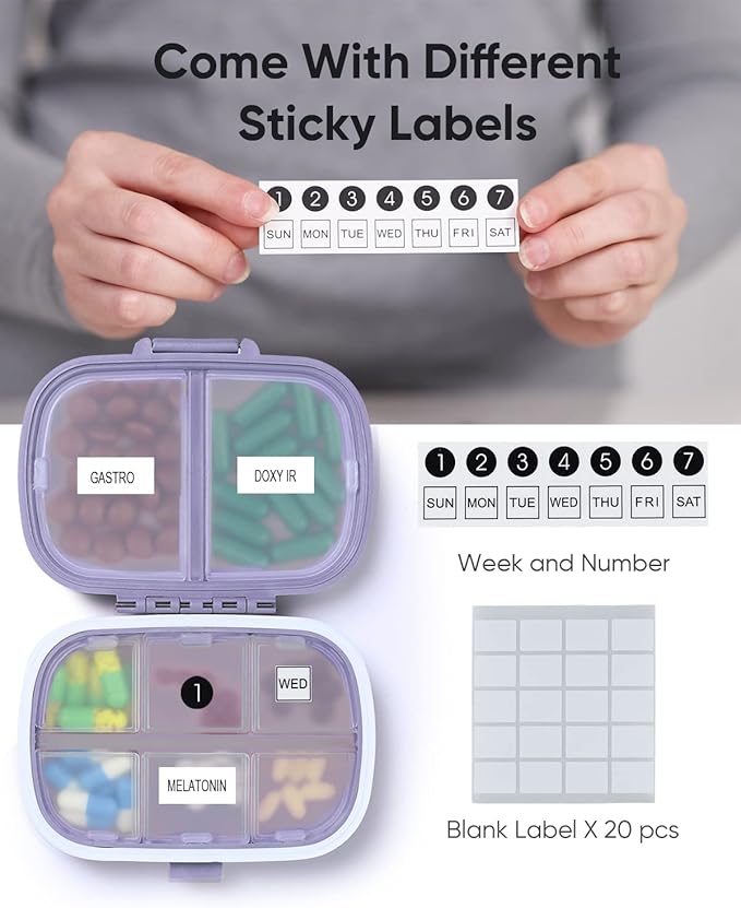 Holii Travel Pill Organizer, 8 Compartments Portable Pill Case, Daily Pill Box to Hold Vitamins, Small Pill Container for Pocket Purse Medicine Organizer（Purple）