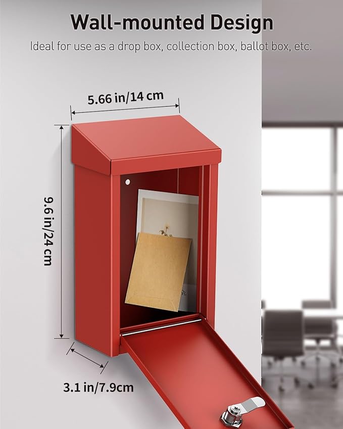 Uniclife Red Metal Donation Box, Wall Mounted Mailbox for Outside | Safe Suggestion Box with Key Lock, Steel Key Drop Box for Outside, Cash Box for Home Office and Business