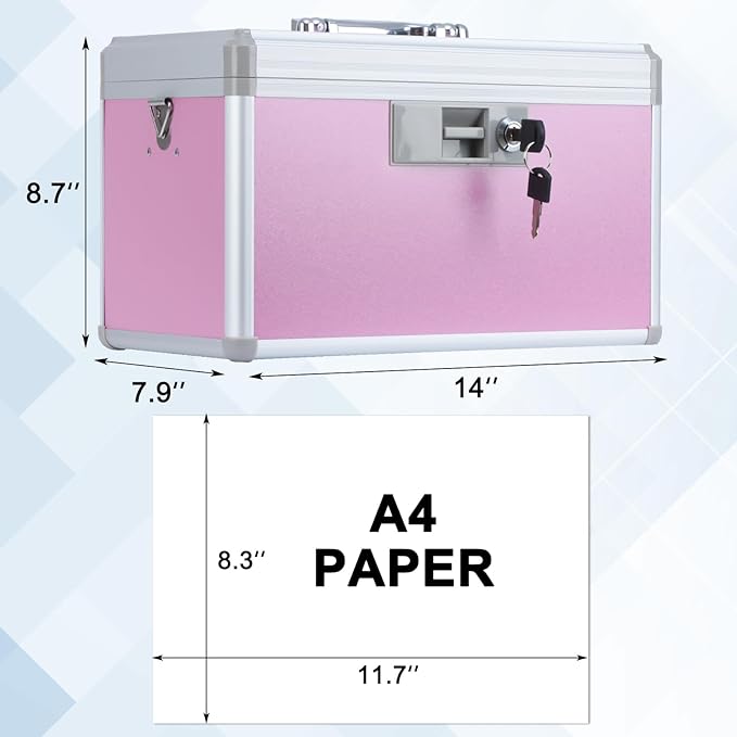 14" Medicine Lock Box, First Aid Safe Medication Storage Box,Aluminum Daily Medicine Cabinet,Key Medication Locking Storage Box for Family Use,14" x 7.9" x 8.7", Pink