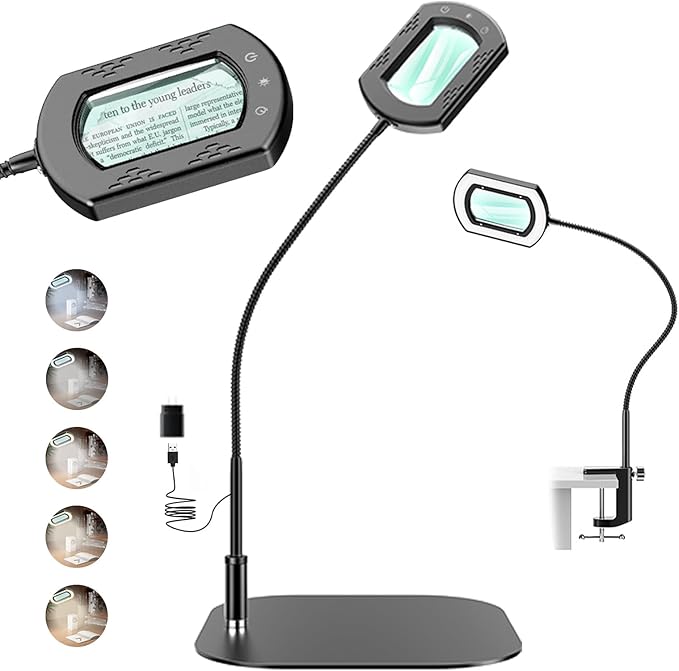 15X Large Magnifying Glass with Light and Clamp,5 Color Modes Stepless Dimmable,Lighted Magnifier with Stand Hands Free,Flexible Gooseneck Reading Magnifier for Seniors,Work, Craft,Reading