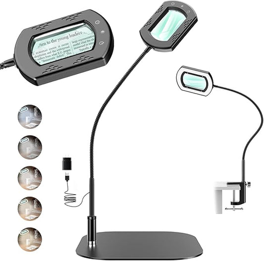 15X Large Magnifying Glass with Light and Clamp,5 Color Modes Stepless Dimmable,Lighted Magnifier with Stand Hands Free,Flexible Gooseneck Reading Magnifier for Seniors,Work, Craft,Reading