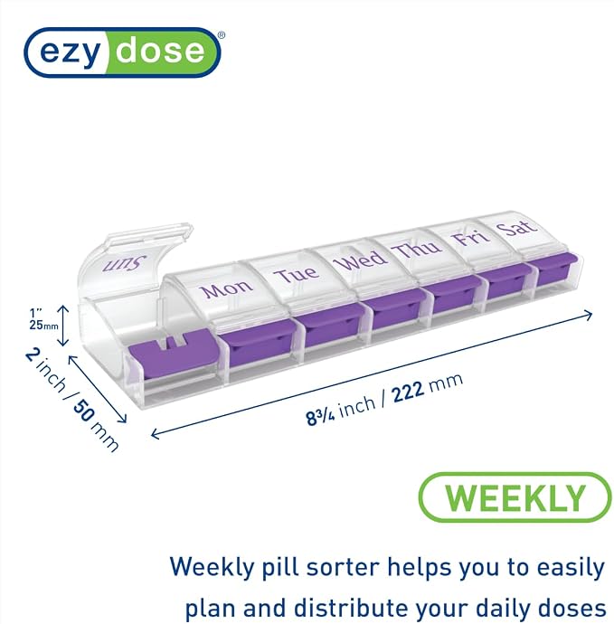 EZY DOSE Weekly (7-Day) AM/PM Daily Pill Organizer, Vitamin Case, and Medicine Container, X-Large Compartments, Arthritis Friendly, Convenient with Effortless Portability, Clear/Purple Lids, BPA Free