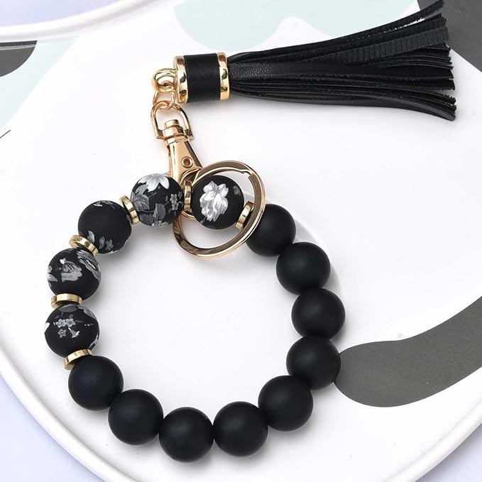 BAOSIWA Silicone Beaded Bracelet Keychain Wristlet Key Ring Bangle Chains for Women with Leather Tassel