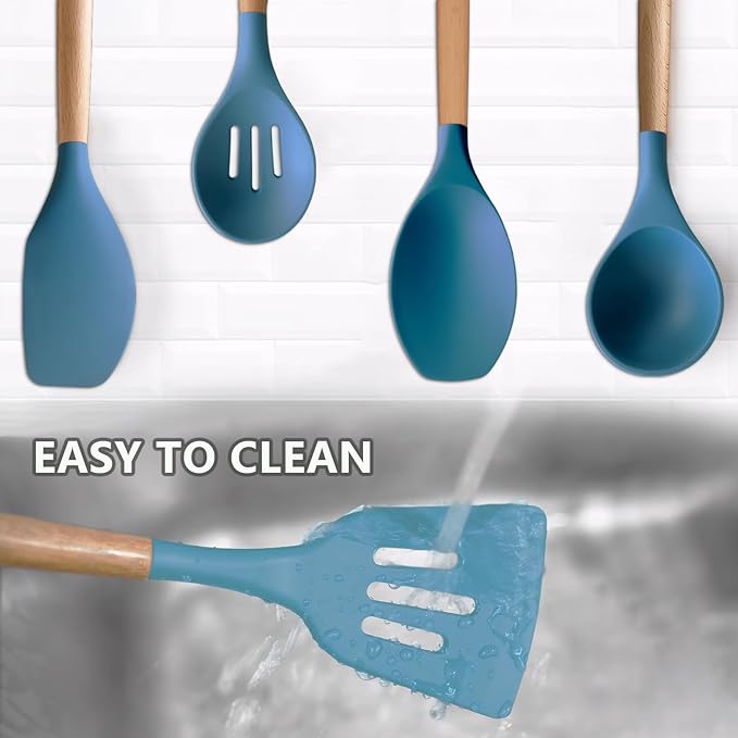 Silicone Kitchen Cooking Utensils Set 5Pcs Non-Stick Silicone Kitchen Utensils Set Spatula Spoon Turner Ladle with Wooden Handle, Heat Resistant Cooking Gadgets for Nonstick Cookware BPA-FREE
