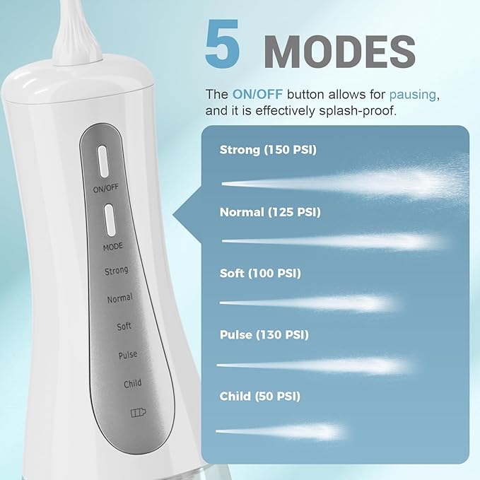 350ML Water Dental Flosser Teeth Pick with Travel Bag, 5 Modes Portable Cordless Oral Irrigator Cleaner, Electric Rechargeable IPX7 Waterproof for Home Travel Teeth Cleaning flossing (White)