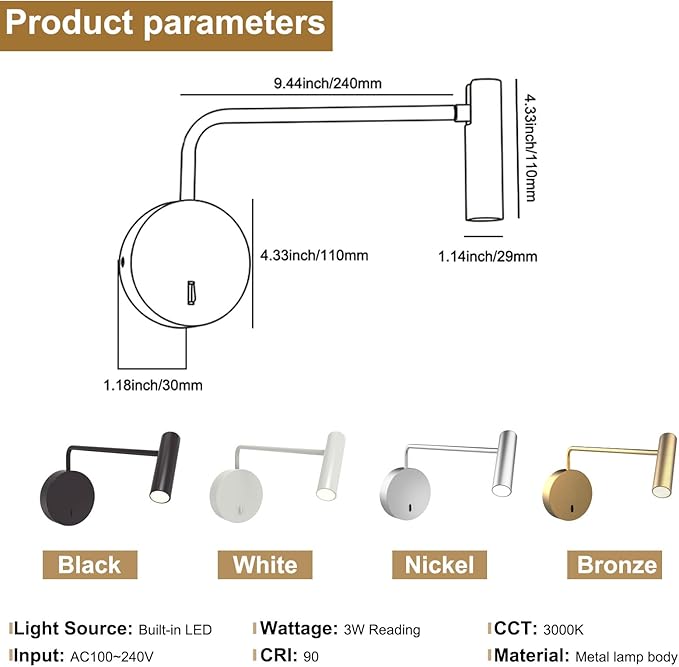 ZEROUNO Wall Mounted Reading Light for Bedroom LED Hardwired Sconce with Switch on/Off Modern 3000K Swing Arm Bedside Wall Mount Lamp (Black)