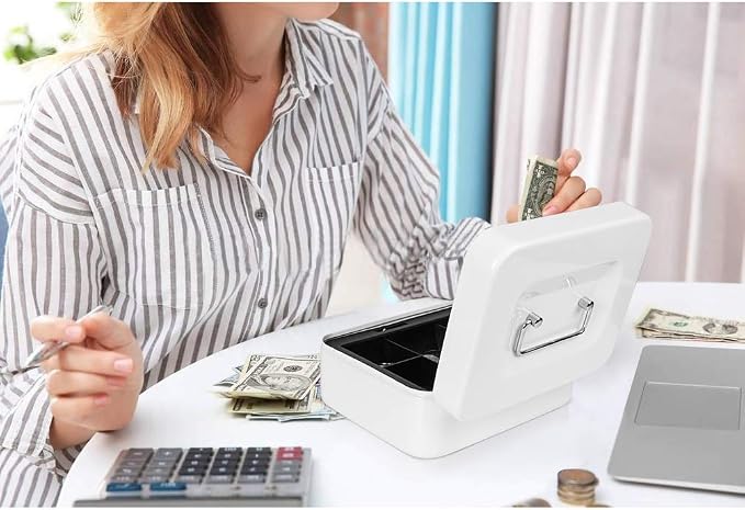 Jssmst Medium Cash Box with Combination Lock - Durable Metal Cash Box with Money Tray White,7.87 x 6.3 x 3.35 inches, SM-CB07005M