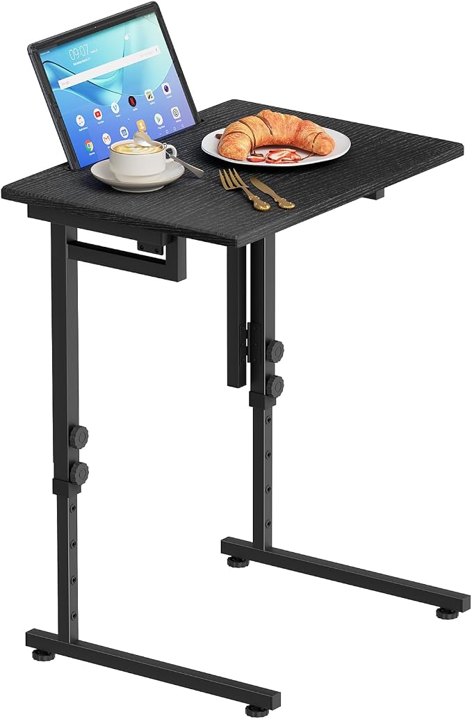 Adjustable Height Tv Tray Table,Portable Folding Tv Tray Dinner Snack Trays Table,Small Foldable C-Shaped End Table for Eating,Slide Under Couch Side with Sturdy MDF Top,No Assembly(Black+Black)