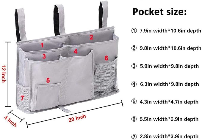 Bunk Bed Organizer - Bedside Storage Caddy with Pocket, Hanging Organizer for Camp, Dorm, Room, Hospital Bed Rail and More (Grey)