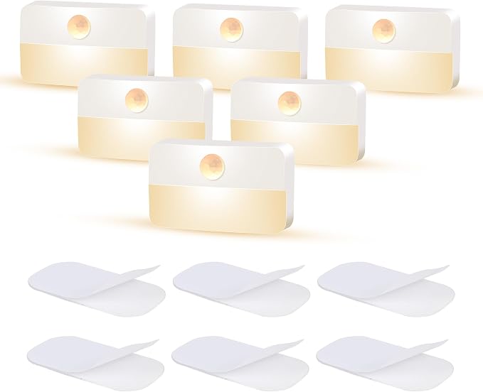 Motion Sensor Night Lights Indoor: Battery Operated Stair Lights 6 Pack | Battery Sensor Lights LED 35 Lumen 3000k for Step Hallways Closets Wall Bedroom Cabinets - Indoor Night Light Set