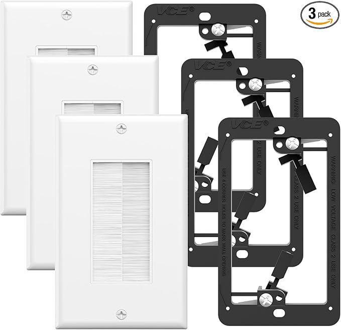 VCE Brush Wall Plate with Low Voltage Mounting Bracket, Cable Management Cover for Wall-Mount TV, HDMI Ethernet Cord Pass Through, 3-Pack (3 White Plates + 3 Black Brackets)