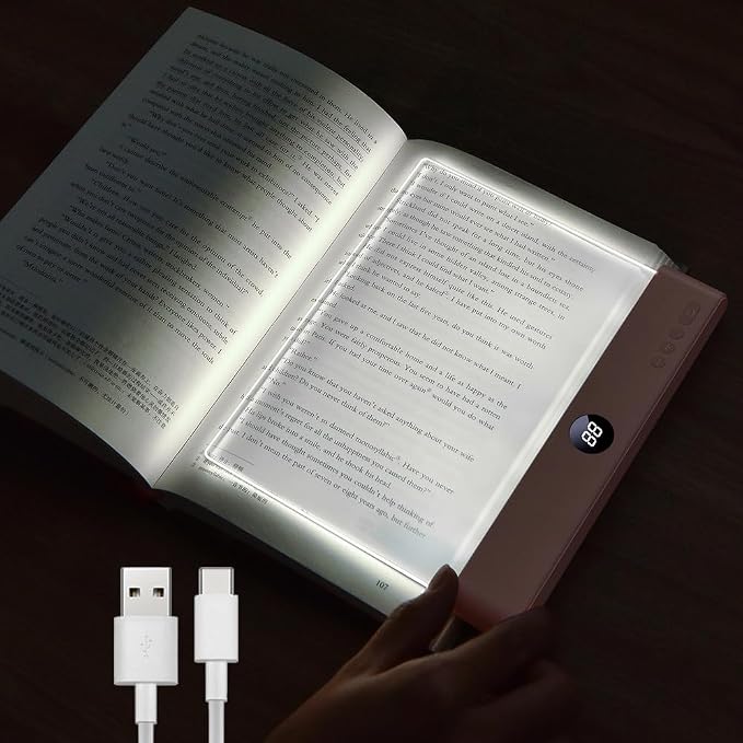 Book Light, Rechargeable Clear LED Flat Reading Light with 3 Colors & Timer, Dimmable Panel Plate Lamp Book Full Page Light for Reading in Bed at Night, Funny Gifts for Readers Kids Women Men (Pink)